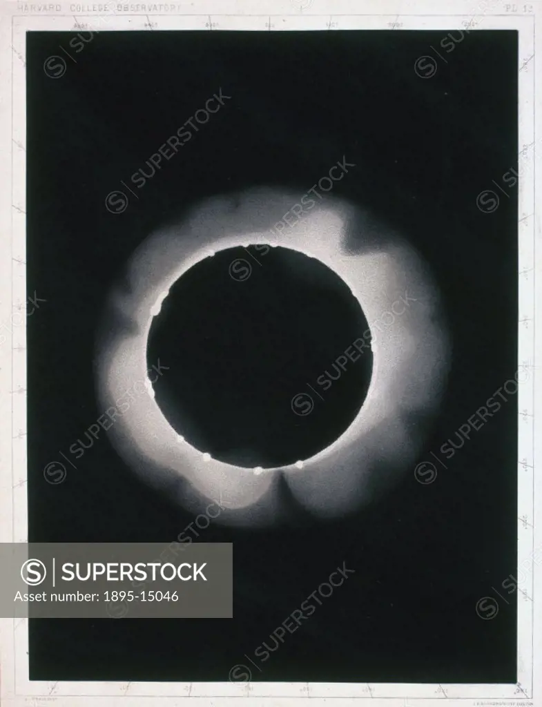 Lithographic colour print issued by Harvard College Observatory in 1876, showing the corona around the Sun during a solar eclipse. The pearly and ghos...