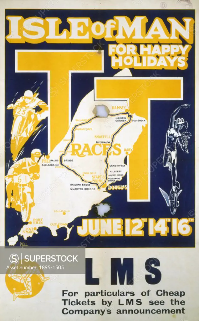 Poster produced by London, Midland & Scottish Railway (LMS) to promote its route to the Isle of Man for the Tourist Trophy (TT) Races. Artwork by P Ch...