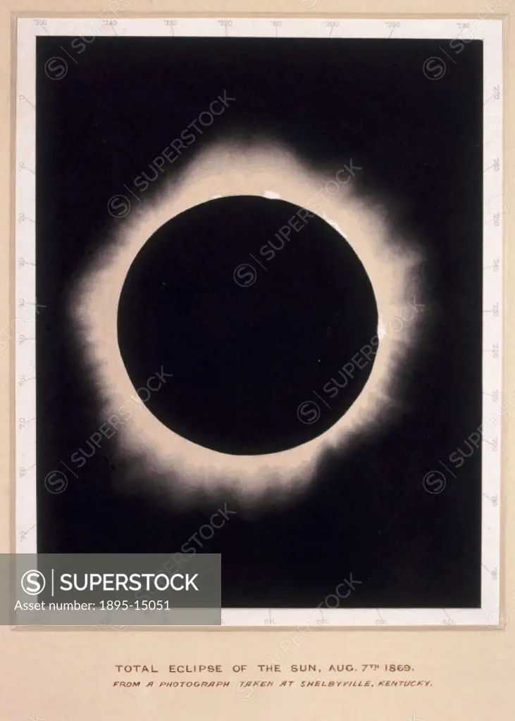 Engraving of a sketch drawn by Etienne Leopold Trouvelot (1827-1895) showing the corona and prominences of an eclipsed Sun. Copied from a photograph t...