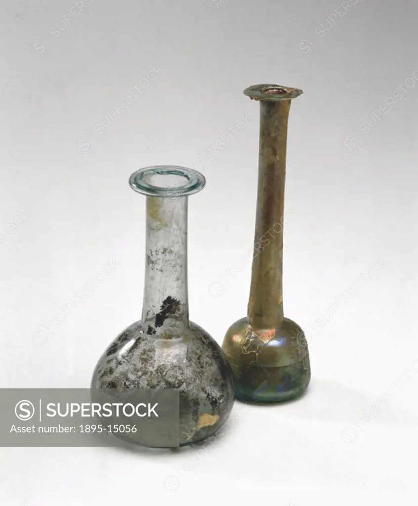 The bottles long necks are a product of the blowing technique used to make them. By dipping a blowpipe into molten mixture, a glassmaker could then m...