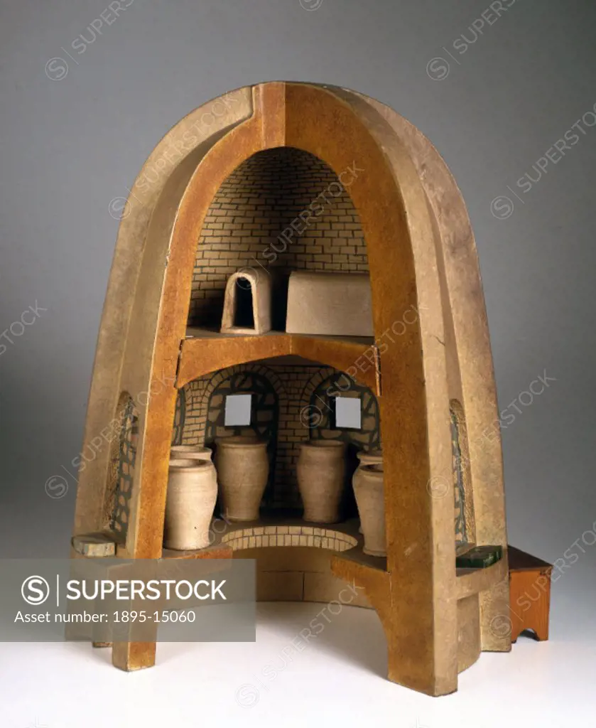 ´Model of a furnace described by Georgius Agricola (1494-1555), in his book ´De Re Metallica´. The furnace consists of two levels, with a fire at the ...
