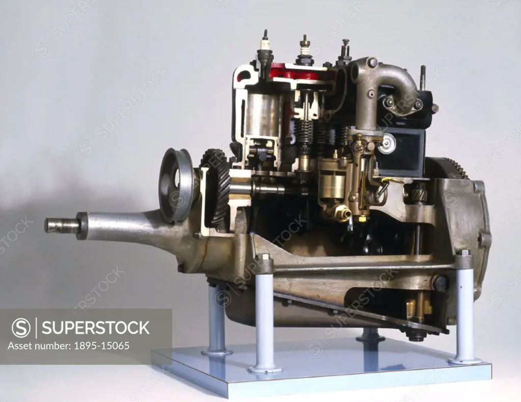 ´This side view of the engine shows its four cylinders, each containing a piston. The piston moves up and down 2,400 times a minute; a process that ca...