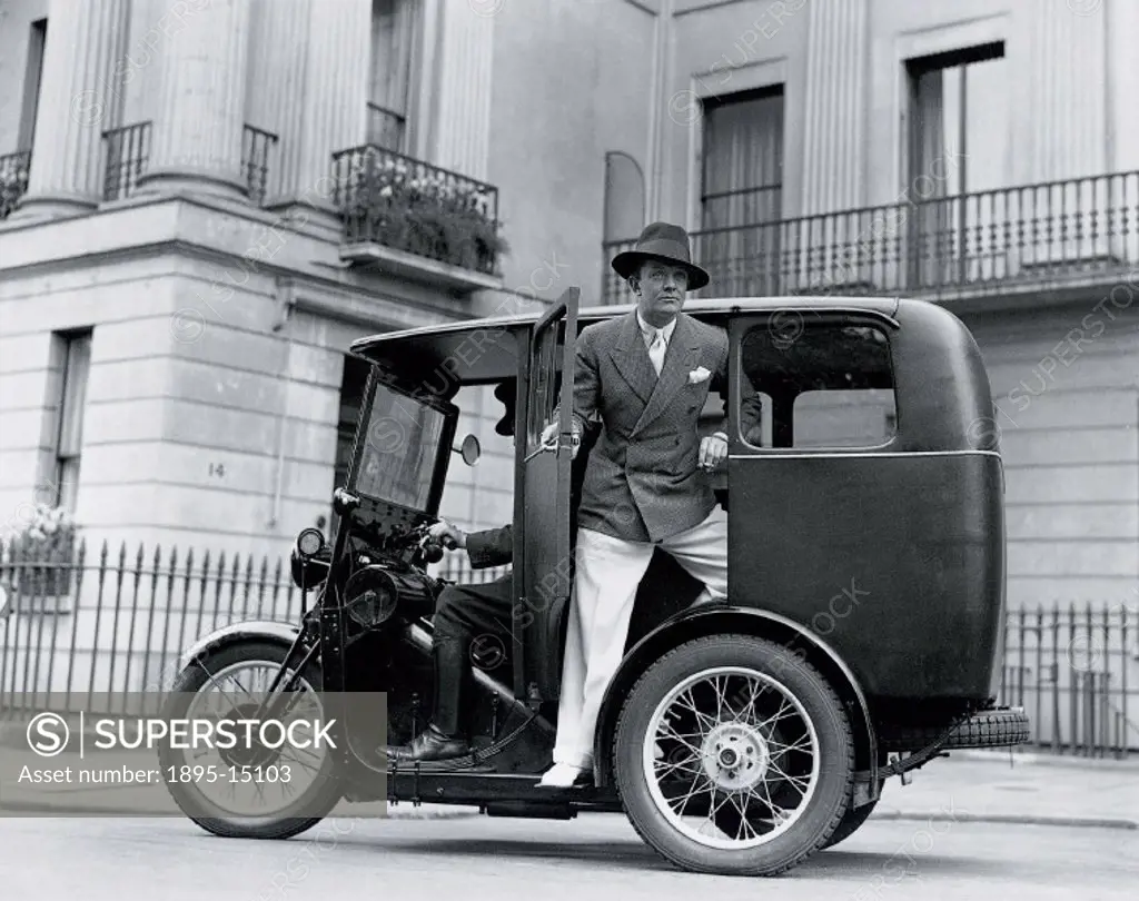 Man posing on a three-wheeler taxi, 27 June 1932.