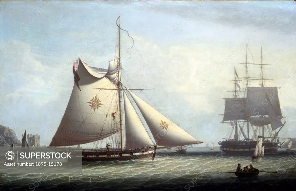 Oil painting by R Saloman, showing a broadside view of the cutter, with other smaller sailing craft and larger warships, off the coast of Malta.