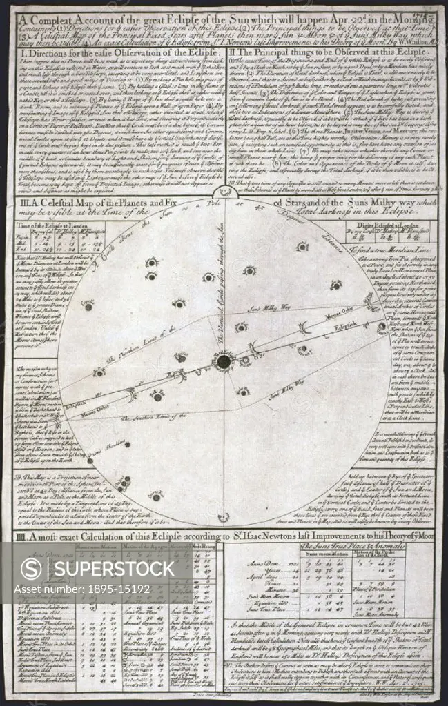 ´A Compleat account of the Great Eclipse of the Sun which will happen Apr 22´. Broadsheet engraving by I Senex and text by W Whiston. William Whiston,...