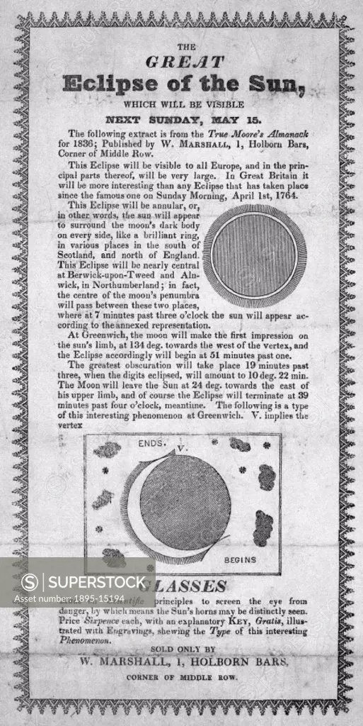 Broadsheet titled ´The Great Eclipse of the Sun´. This advertises the forthcoming solar eclipse on the 15 May 1836, visible from central Scotland and ...