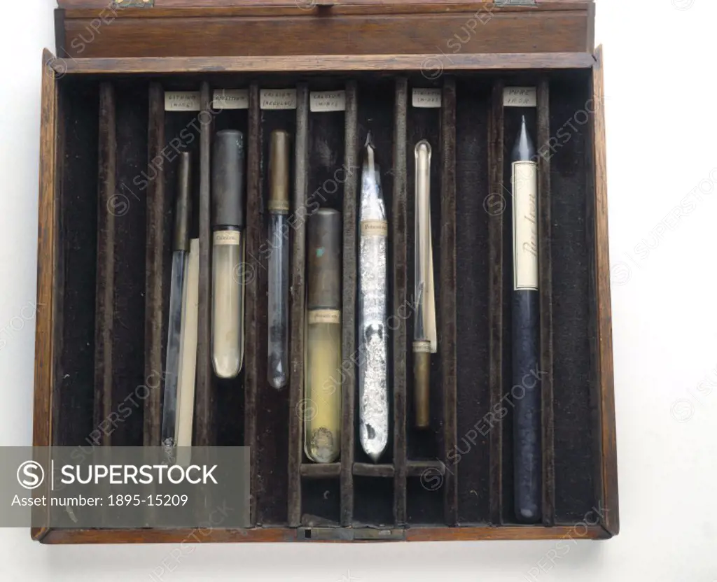This case contains samples of five metals that were produced by electrolysis. The metals are potassium, pure iron, strontium, calcium and lithium wire...