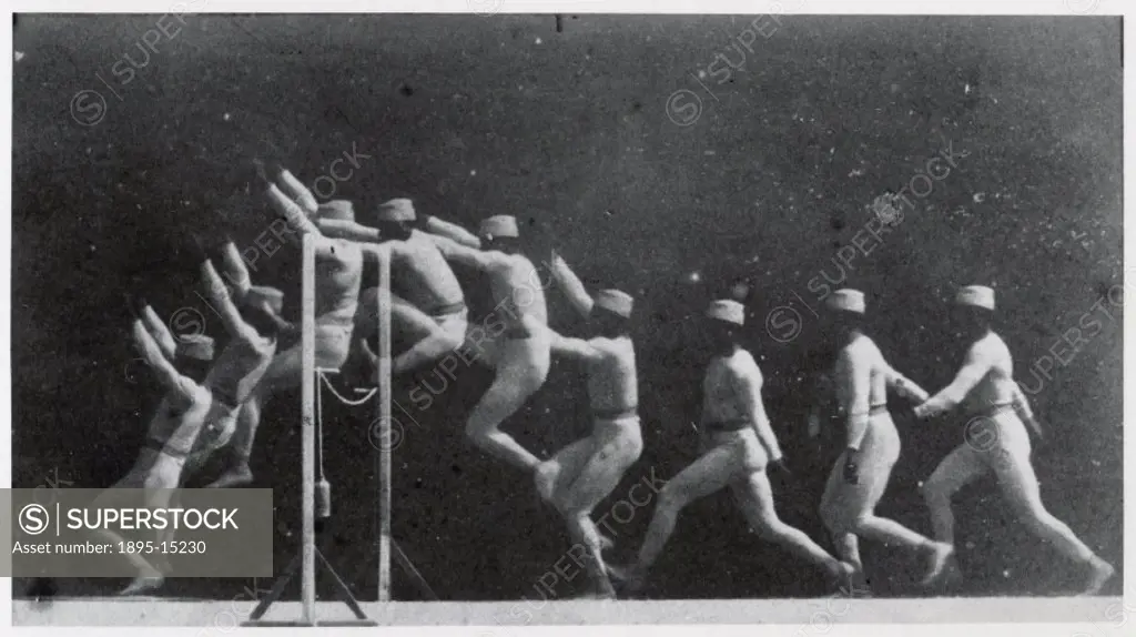 Chronophotographic pictures of a man leaping over a high jump taken by Etienne-Jules Marey (1830-1904). Marey was a French physiologist and pioneer in...