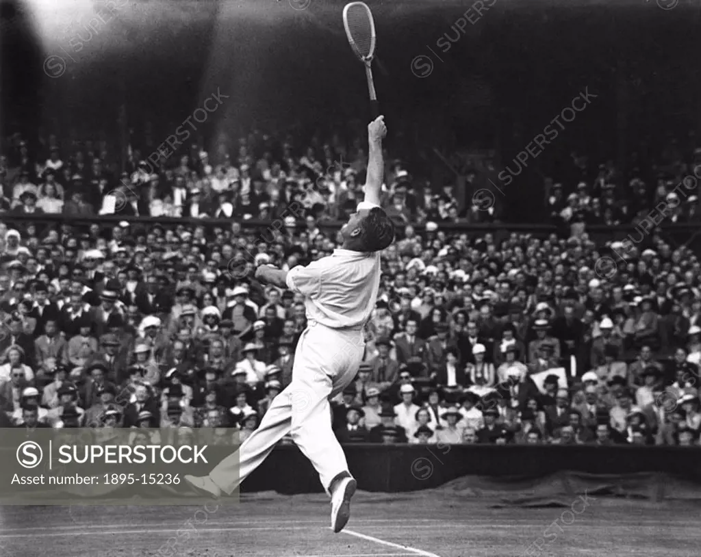 Tennis player Jack Crawford in action at Wimbledon, 3 July 1935.
