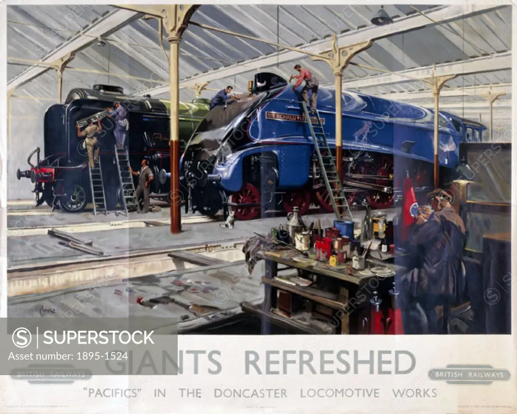 Giants Refreshed - ´Pacifics´ in the Doncaster Locomotive Works. BR poster, based on a painting by Terence Cuneo.