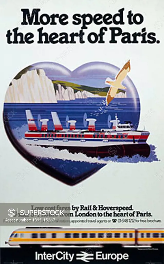 Poster showing a Hoverspeed hovercraft and the White Cliffs of Dover framed by a heart.