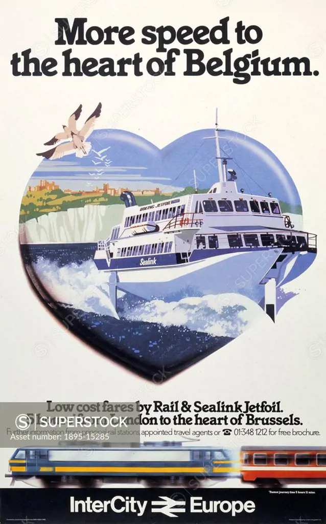 ´More speed to the heart of Belgium´, BR poster, c 1980s. Poster produced by British Rail to promote cross_Channel travel via the InterCity train serv...