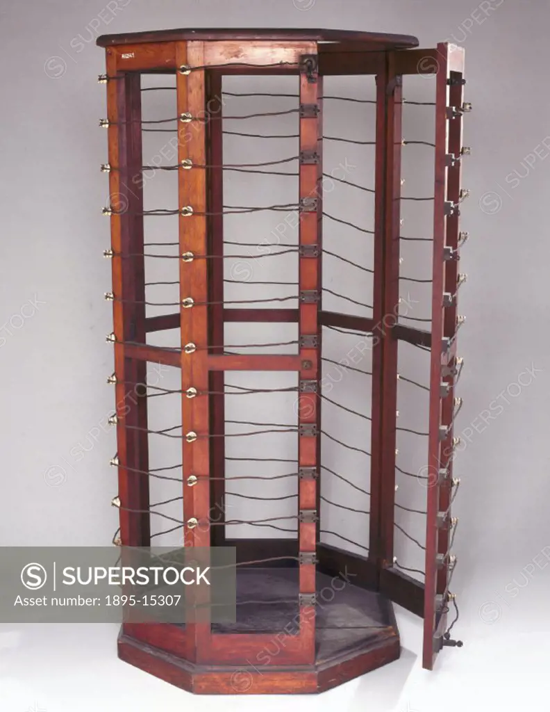 This machine, with an octagonal wooden frame, is known as a D´Arsonval cage, and was made by Richard Heller of Paris. In the late 18th century, Luigi ...