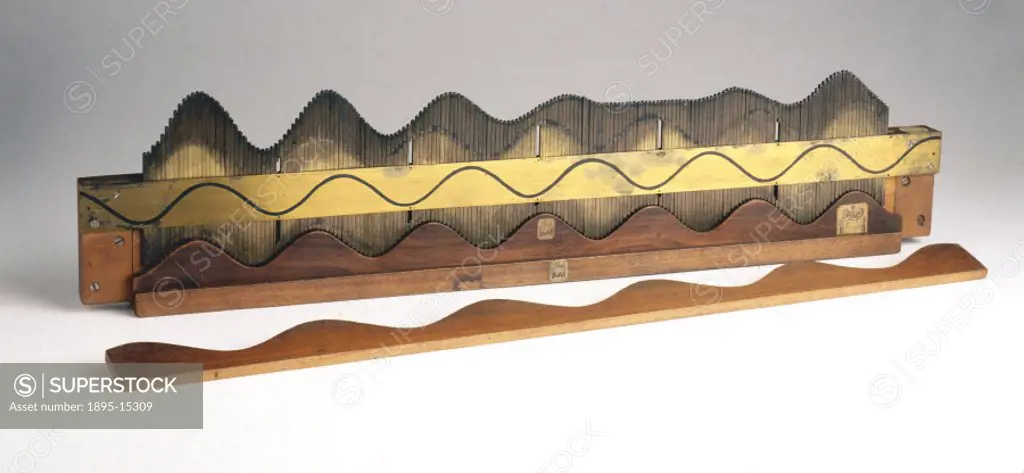 This demonstrates the effect of combining two waves (interference). A row of brass rods are cut so that their tops form a wave shape. A mahogany templ...