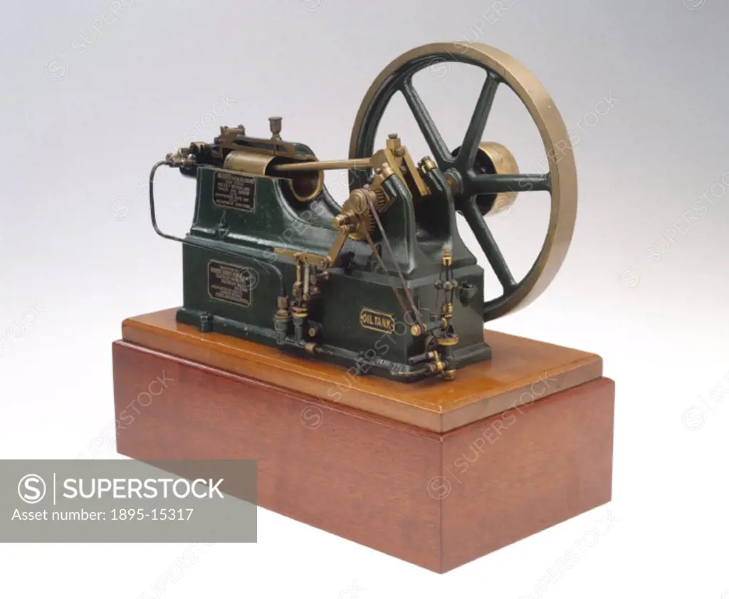 Model (scale 1:8) of the original crude oil automatic ignition engine designed by Herbert Akroyd Stuart (1864-1927). Stuart was a mechanical engineer ...