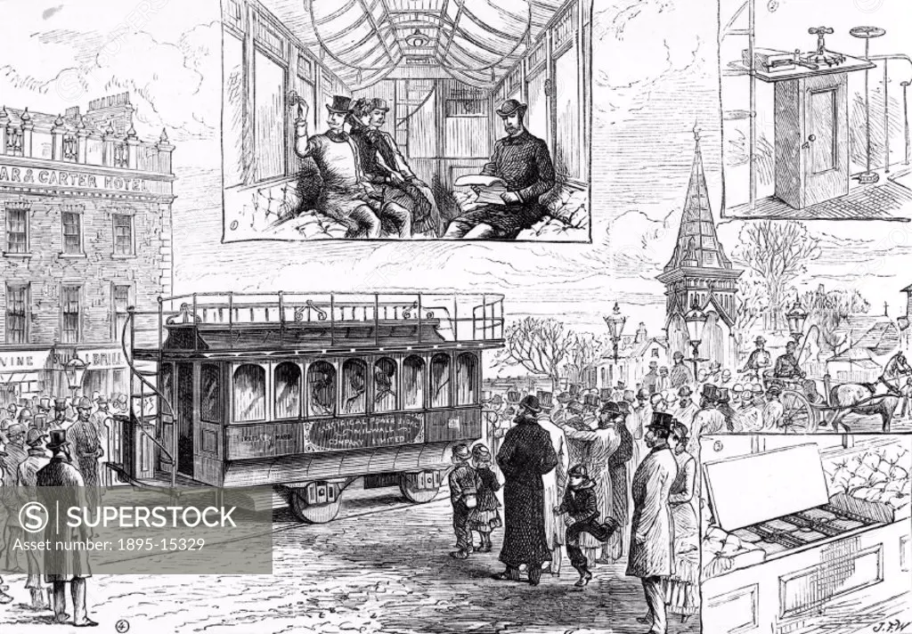 Illustration taken from the ´Illustrated London News´ (Vol 83, 1883). ´When Anthony Reckenzaun of the Electrical Storage Company developed a tramcar w...