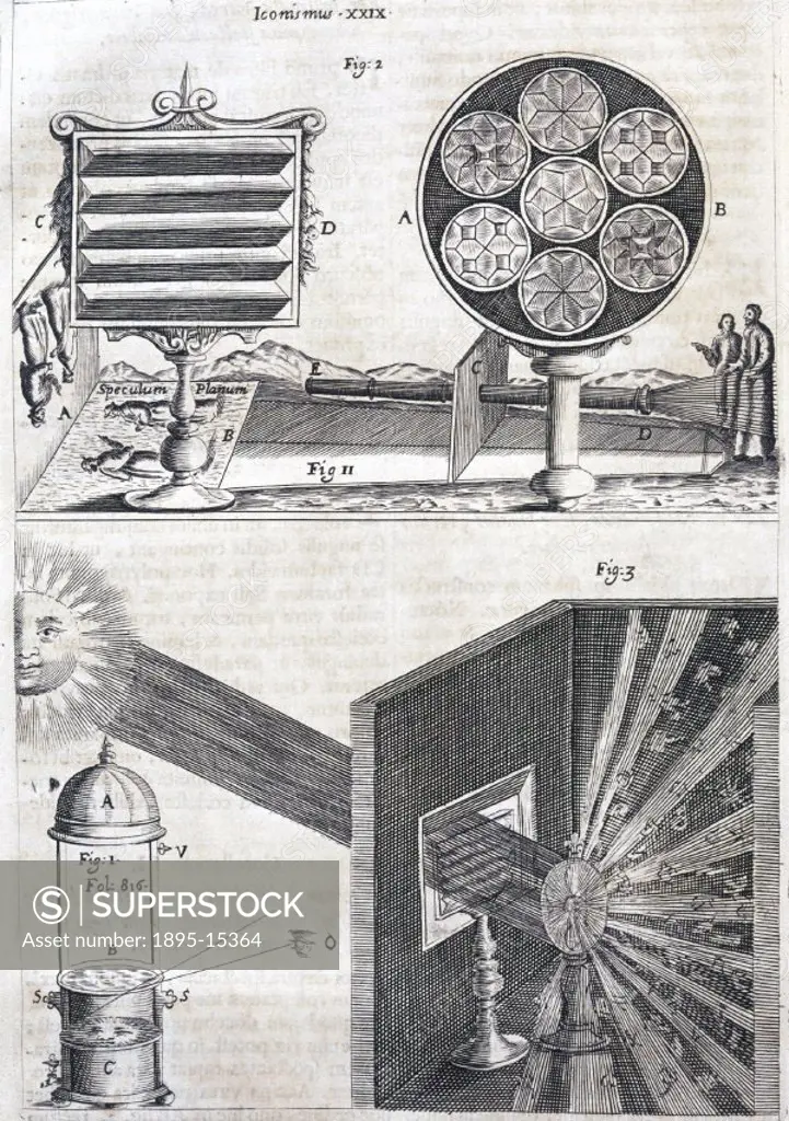 Plate taken from ´Ars Magna Lucis Et Umbrae´, published in 1646 by Athanasius Kircher (1602-1680). Kircher demonstrated that by placing a lens between...