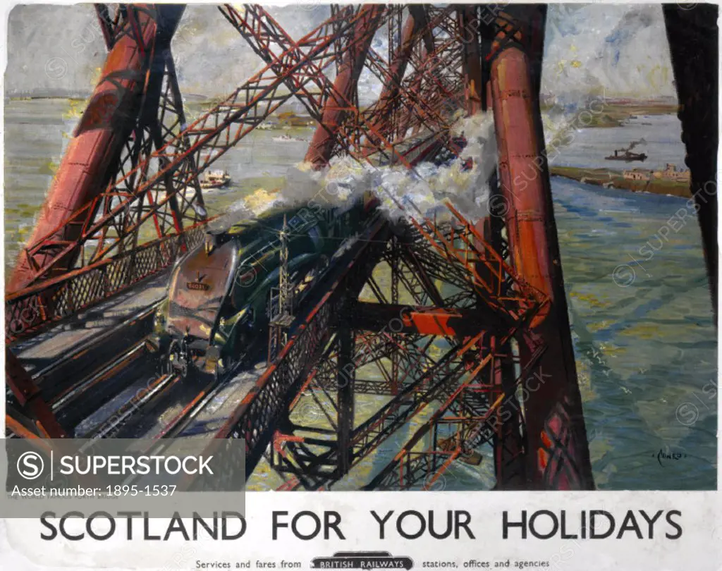 Poster produced for British Railways (BR), showing the Gresley A4 Class Pacific Plover locomotive crossing the Forth Bridge in Scotland. Artwork by Te...