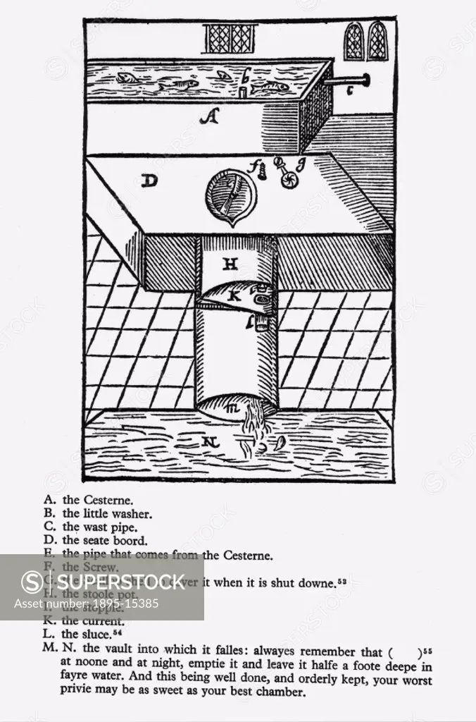 A detailed illustration and description of a water closet first described by John Harington in his satrical pamphlet ´A New Discourse of a Stale Subje...