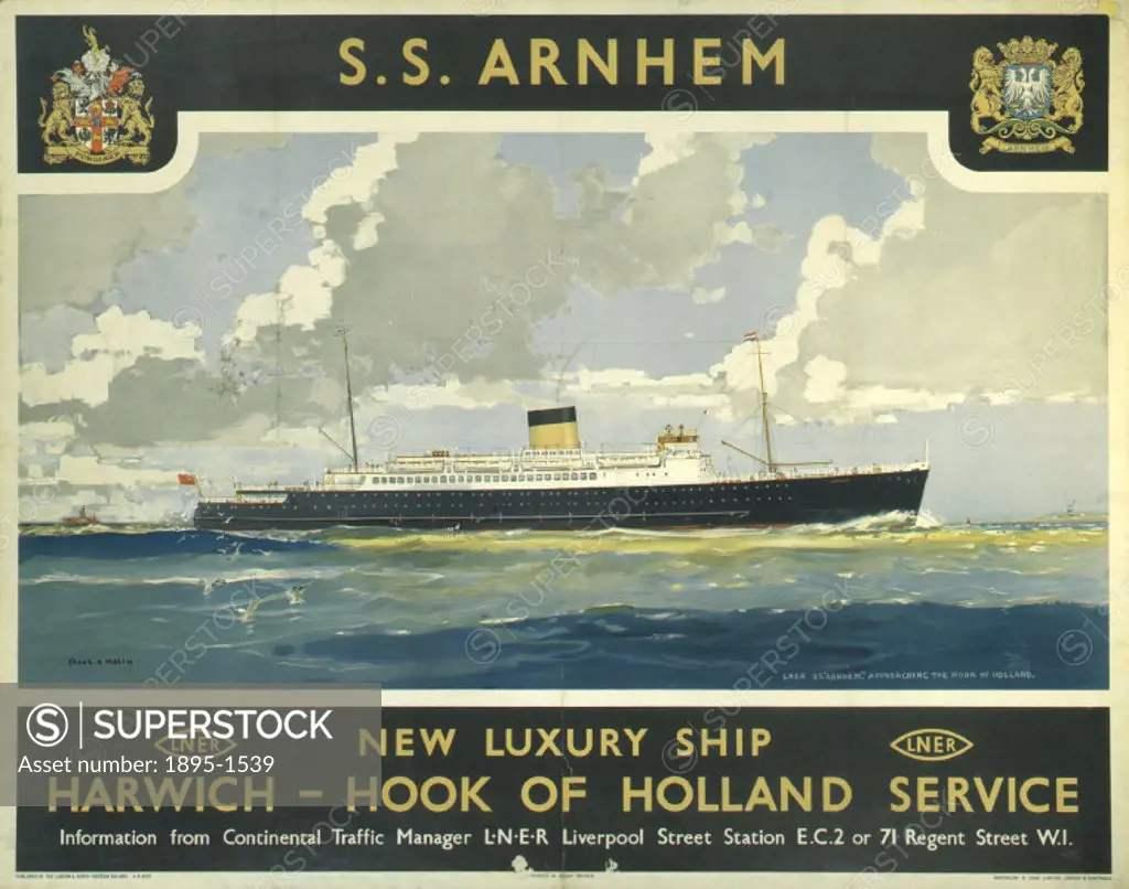 Poster produced for the London & North Eastern Railway (LNER) to promote its new luxury passenger ship the ´SS Arnhem´, which operated on services fro...