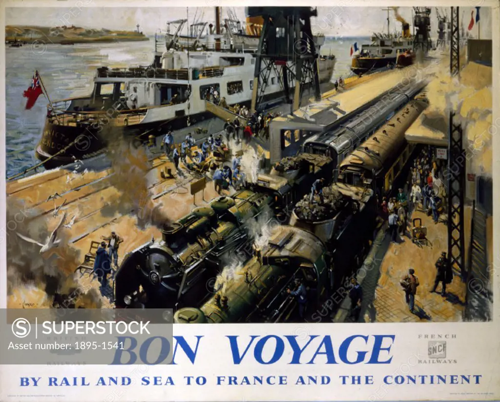 Poster produced for British Railways (BR) Southern Region to promote rail and sea services to France and the rest of the Continent. The poster shows a...