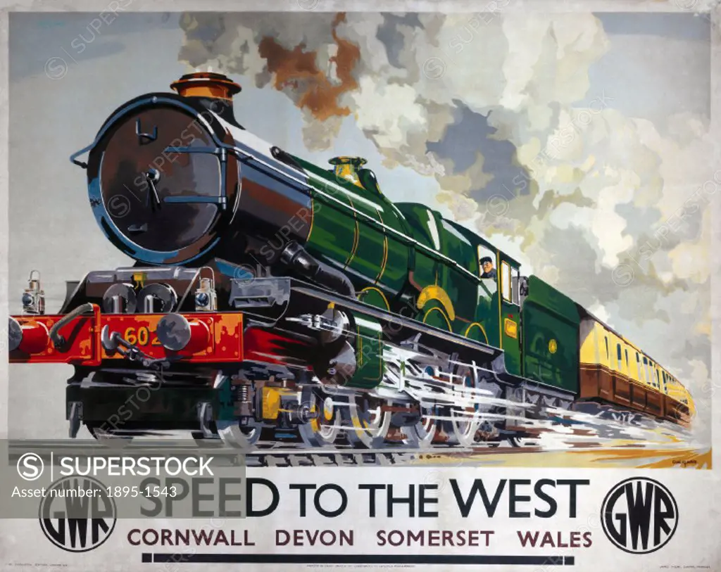 Poster produced for the Great Western Railway (GWR) to promote the companys speedy services to the West of England. The poster shows a ´King´ class l...