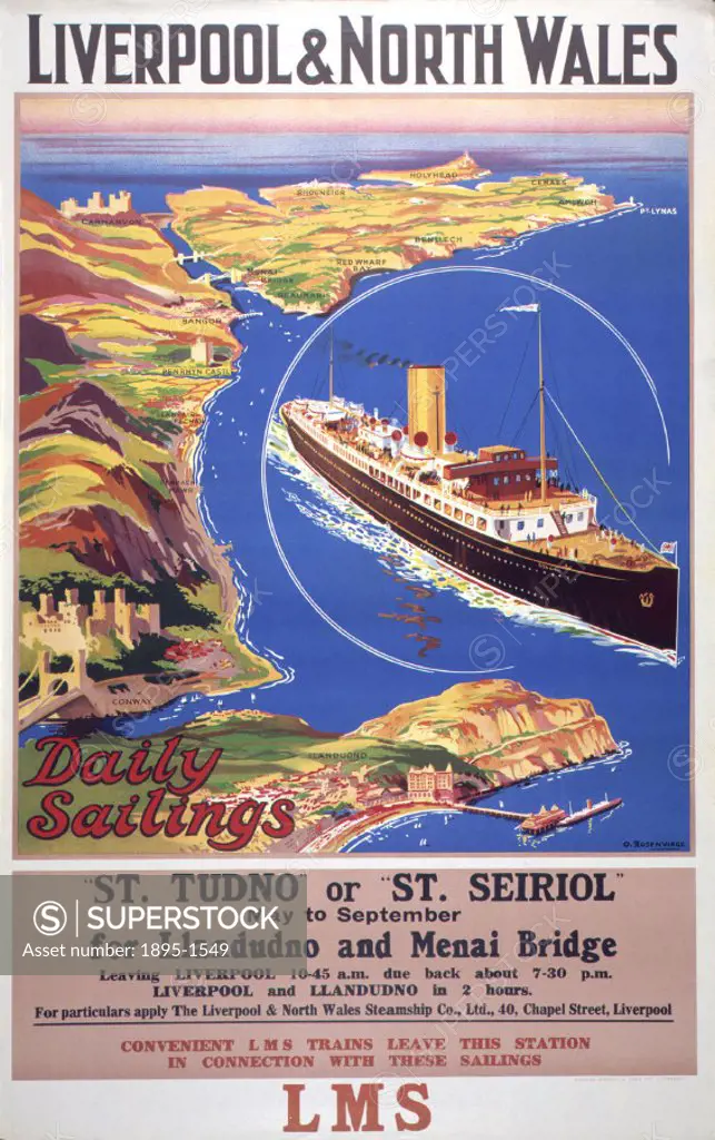 Poster produced for the London, Midland & Scottish Railway (LMS) to promote rail links with daily summer sailings from Liverpool to Llandudno, Wales, ...