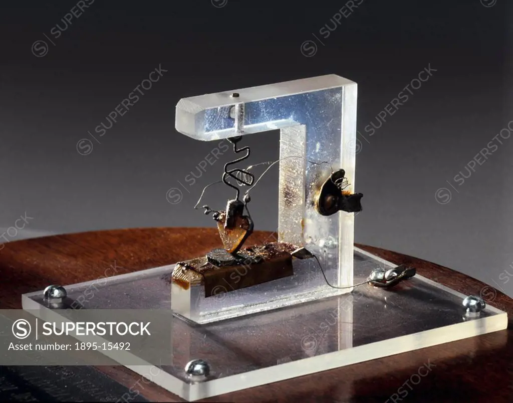 Replica of the first working transistor invented in 1947 by John Bardeen, Walter Brattain and William Shockley at Bell Laboratories in the United Stat...