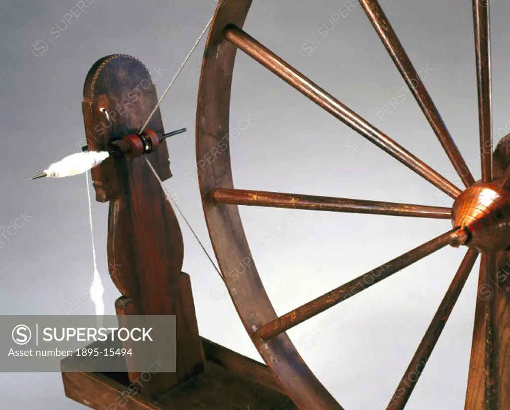 ´Detail of spindle. The spindle wheel is the earliest type of spinning wheel. There is no flyer and spinning is carried out in two separate movements;...