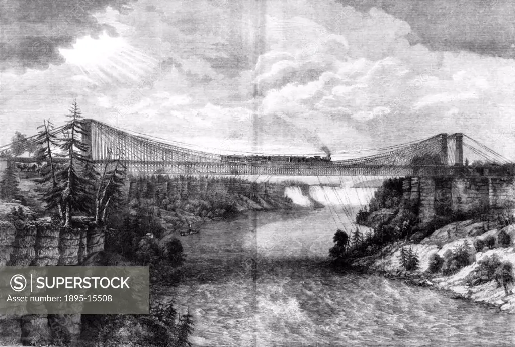 An engraving as shown in the Illustrated London News (Vol 62/1 p 64). The Great International Railway Suspension Bridge was built by John A Roebling (...