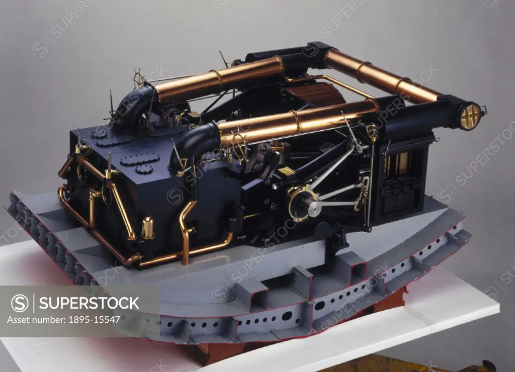 Model of a trunk engine (scale 1:12). The single-trunk engine was patented by James Watt (1736-1819) in 1784, but the double-trunk engine, was patente...