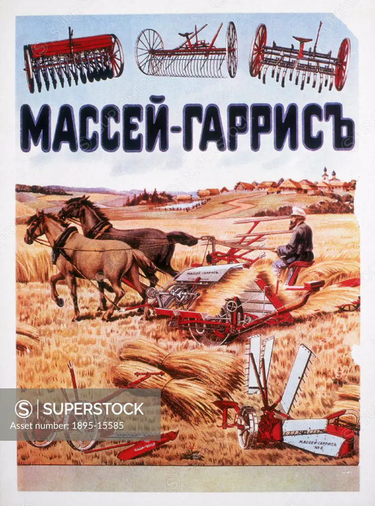 One of a series of five chromolithographs advertising world-renowned Massey-Harris agricultural machinery, showing a Russian farmer harvesting grain. ...