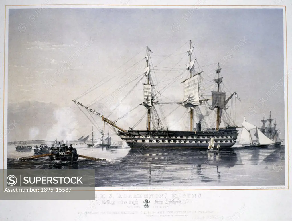 Lithograph by T G Dutton after a painting by Oswald Walters Brierly of 1852, showing HMS Agamemnon’ getting under way from Spithead, near Portsmouth,...