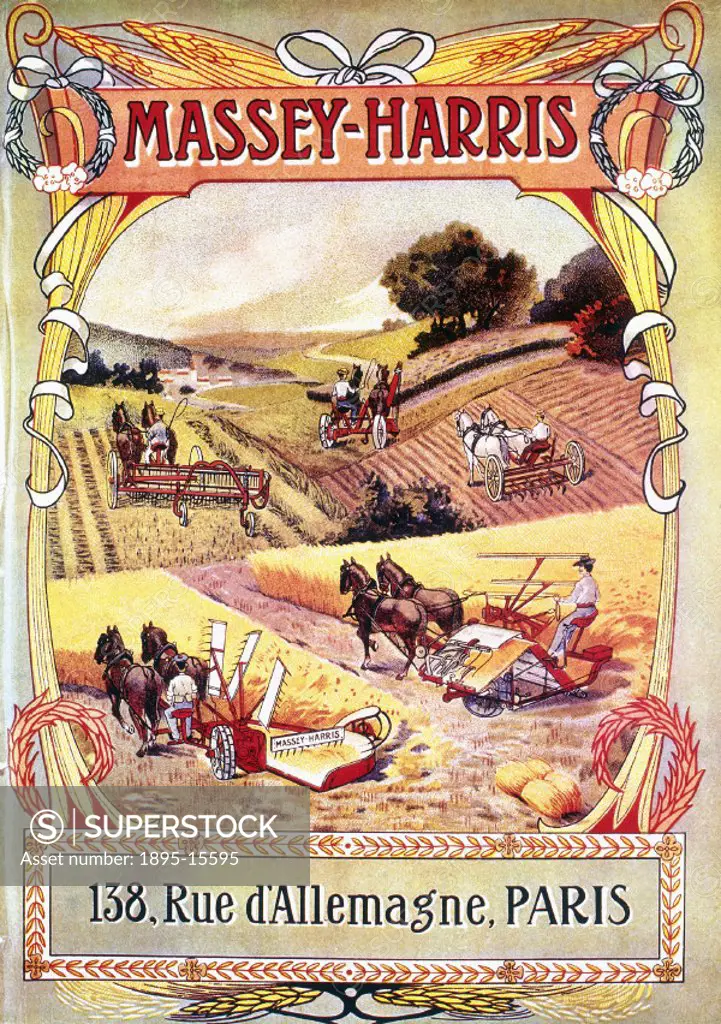 One of a series of five chromolithographs advertising world-renowned Massey-Harris agricultural machinery, showing horse-drawn farm machines which wer...
