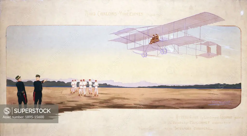 Coloured lithograph by Marguerite Montaut, showing a biplane flying close to the ground, watched by a group of seven men in white and two uniformed of...