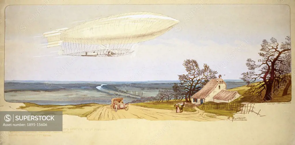 Colour lithograph by Ernest Montaut. This airship was invented by the celebrated balloon designer Edouard Surcouf, constructed by Nacelle Construction...