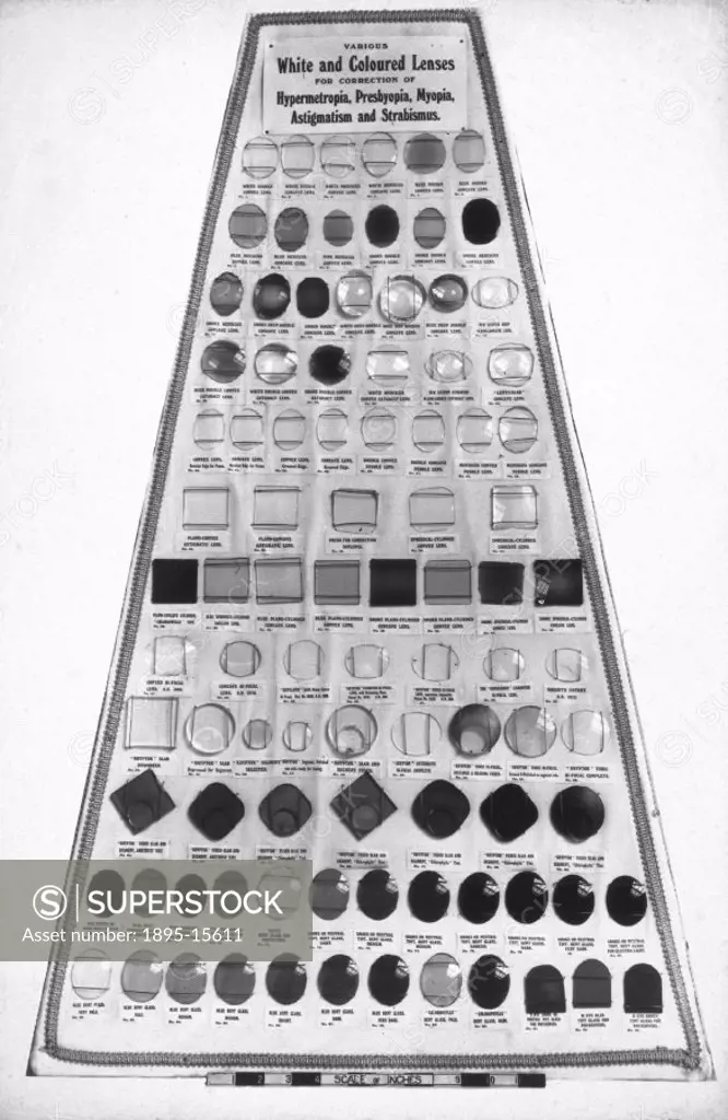 A photograph of a pyramid fitting containing a collection of white and coloured spectacle lenses produced by the opticians M W Dunscombe Ltd for the c...