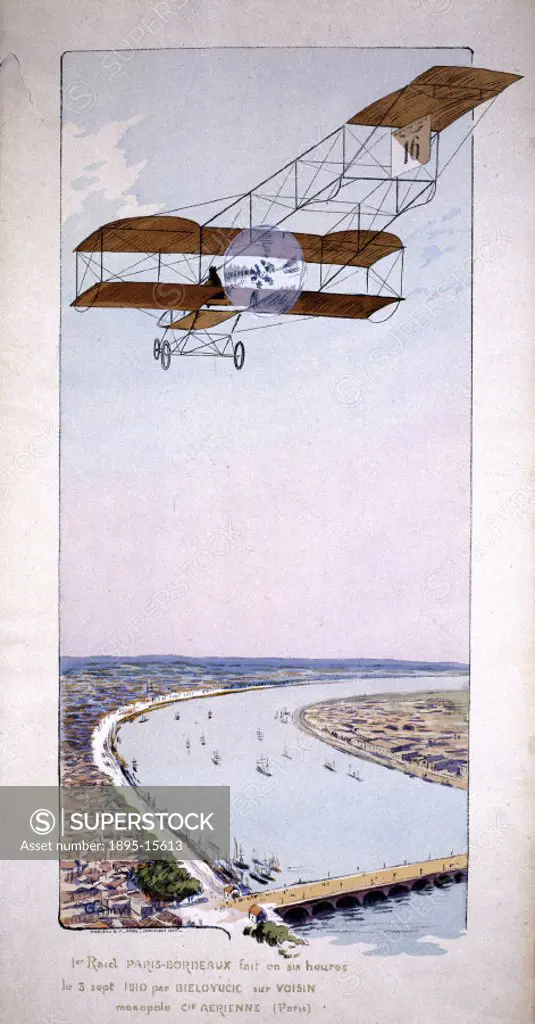 One of six coloured lithographs by Gamy published by Malibeau & Co, Paris, 1909-1911. It shows the Voisin plane piloted by Bielovucic flying over the ...