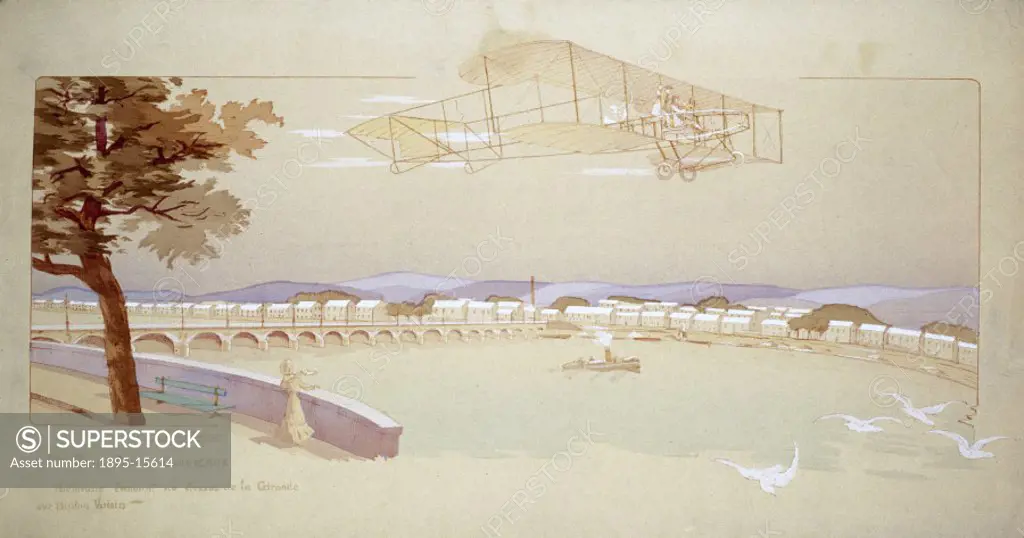One of six coloured lithographs by Marguerite Montaud published by Malibeau & Co, Paris, 1909-1911. Showing a Voisin biplane flying over the River Sei...