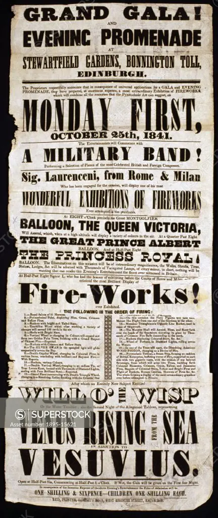 A printed handbill advertising a Grand Gala and Evening Promenade’ at Stewartfield Gardens in Edinburgh, Scotland on 25 October 1841. The gala entert...