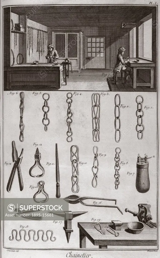 Engraving by Prevost after a drawing by Goussier, showing craftsmen in their workshop, with illustrations of their work and the tools they used. From ...
