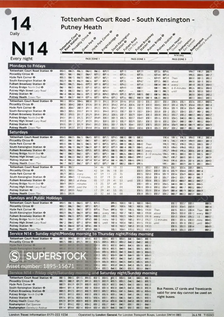 A timetable for the number 14 bus route in 1998, which linked Tottenham Court Road, South Kensington and Putney Heath.