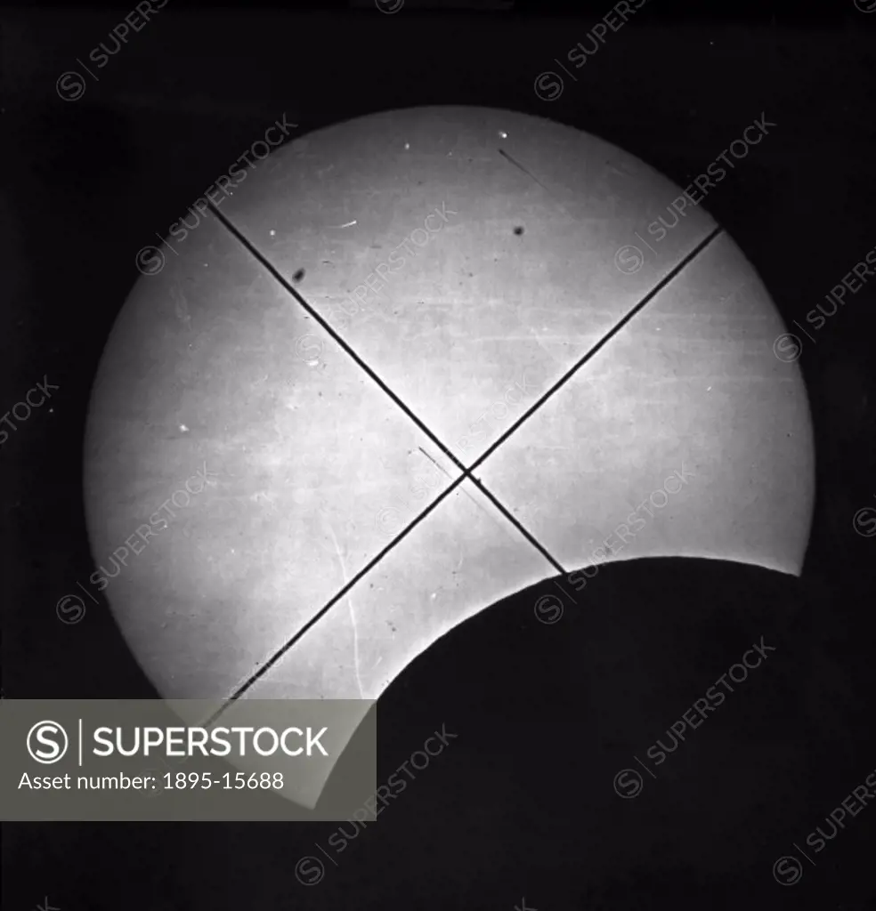 Photographic glass slide, taken during the 1860 Solar Eclipse, showing the Sun partly obscured by the Moon. The picture taken by Warren De La Rue (181...