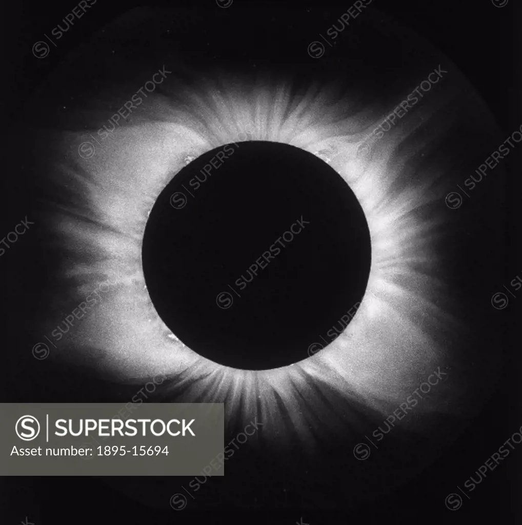 Photograph of an original drawing, showing the corona around the Sun during a solar eclipse.  The pearly and ghostly light is only seen during the bri...