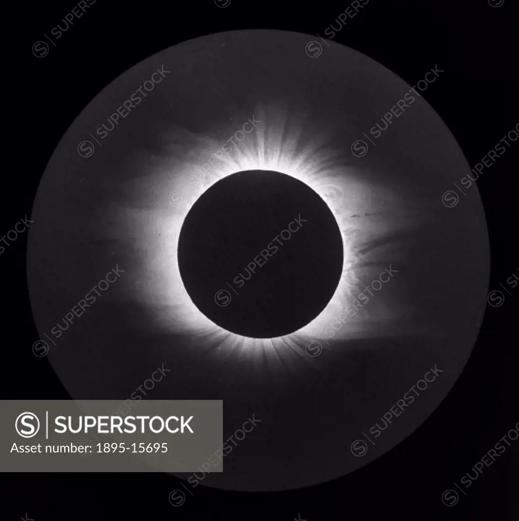 Photograph of an original drawing, showing the corona around the Sun during a solar eclipse.  The pearly and ghostly light is only seen during the bri...