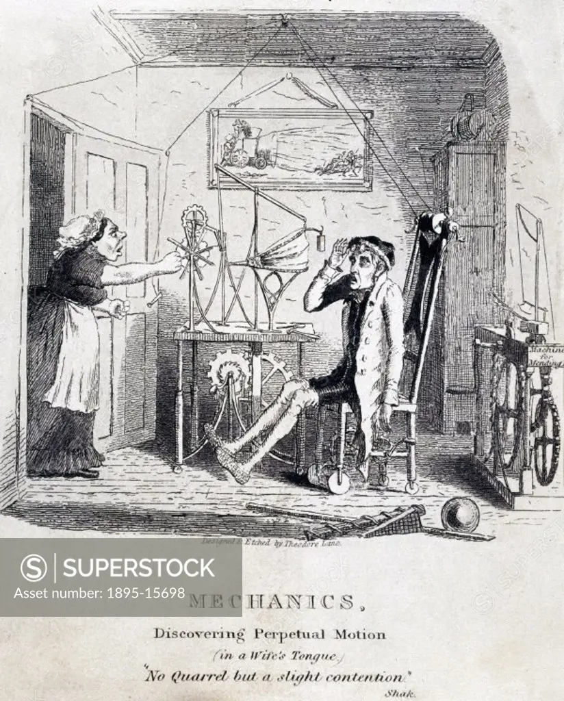 ´Etching by Theodore Lane showing a wife shouting at her husband who has been spending all his time experimenting with perpetual motion. William Marti...