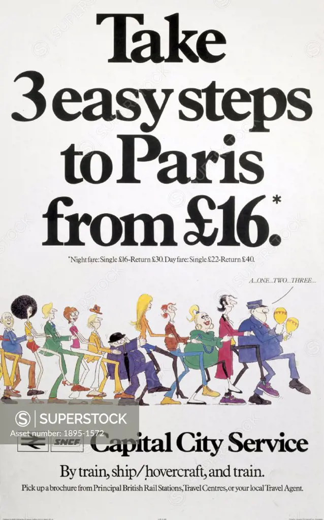 BR(CPU) poster for Sealink UK Ltd. ´Take 3 Easy Steps to Paris from 16 pounds - Capital City Service´, 1980.
