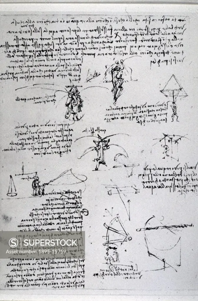 Notes and sketches of parachute experiments on flying machine wings, from one of Leonardos notebooks. Da Vinci (1452-1519) was the most outstanding I...