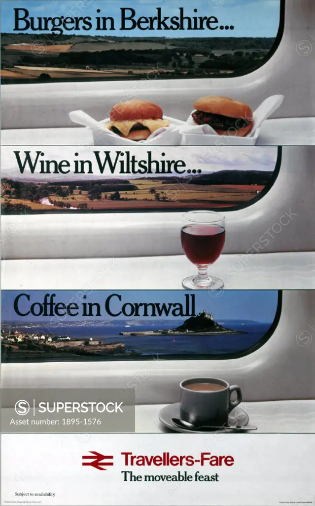 Travellers-Fare. Burgers in Berkshire...Wine in Wiltshire...Coffee in Cornwall´. Poster produced for British Rail (BR), promoting dining facilities on...