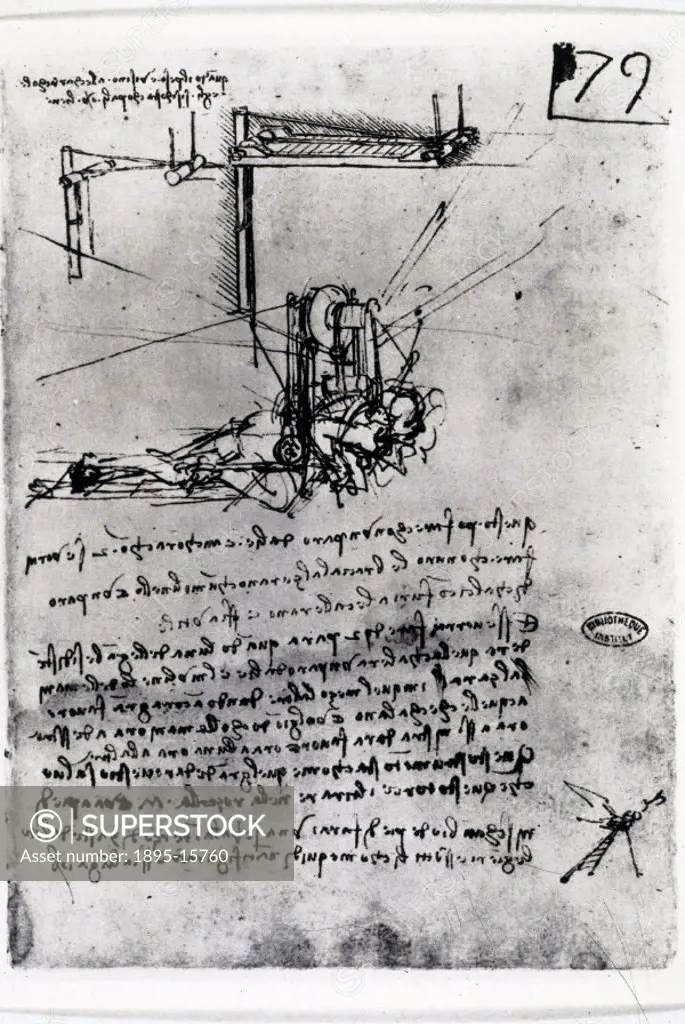 Diagrams and notes from one of Leonardos notebooks. Da Vinci (1452-1519) was the most outstanding Italian painter, sculptor, architect and engineer o...
